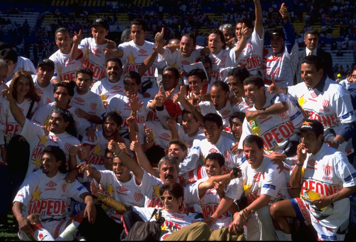 13 Dec 1998:  Necaxa celebrate victory in the Mexican championship final match against Guadalajara at the Estadio Jalisco in Mexico.  Mandatory Cre...