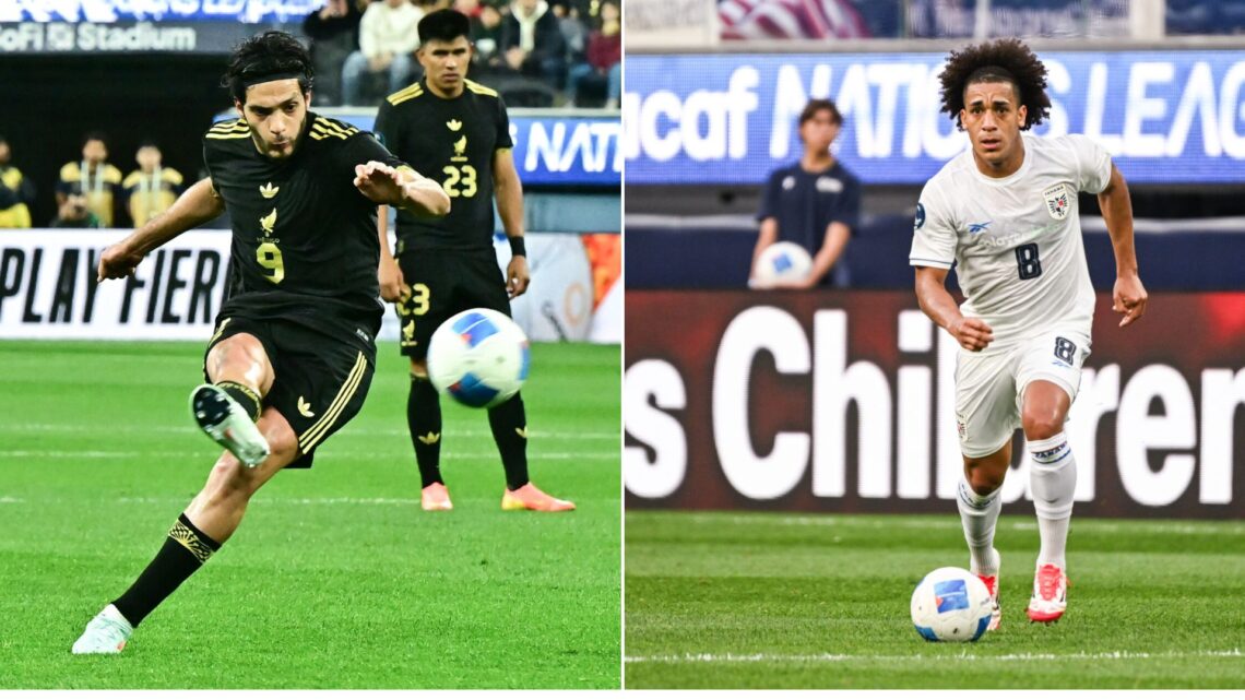 Mexico's forward #09 Raul Jimenez kicks the ball to score his team's second goal during the CONCACAF Nations League semifinal football match betwee...