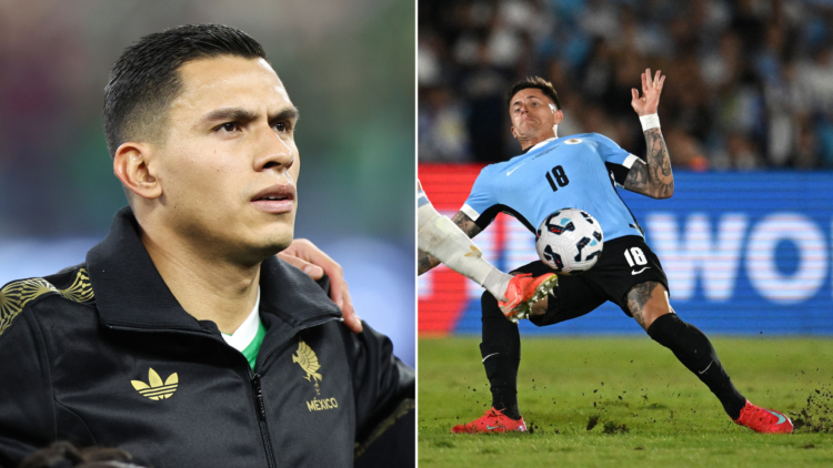 Argentina's defender #19 Nicolas Otamendi (L) and Uruguay's midfielder #18 Brian Rodriguez fight for the ball during the 2026 FIFA World Cup South ...