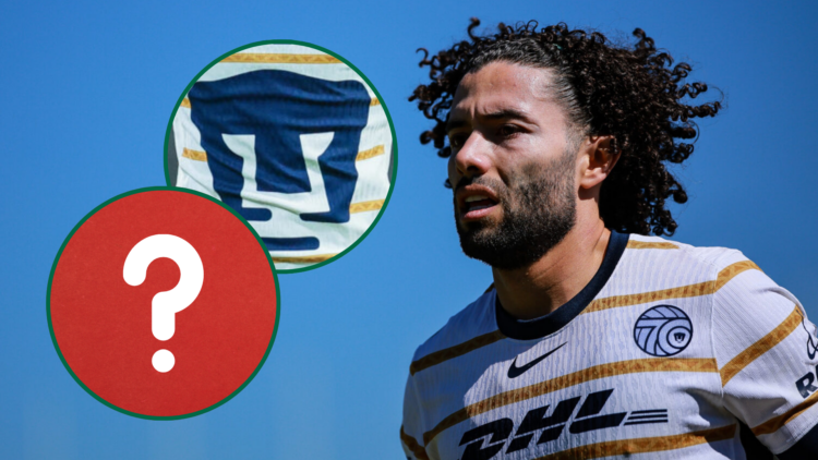 The main image shows Cesar Huerta, Anderlecht player, during his time at Pumas UNAM. The upper circle features the Pumas crest, and the lower circl...