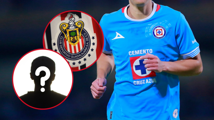 In the main image, Cruz Azul's jersey. In the top circle, Chivas' crest, and in the bottom circle, a mysterious man alluding to a Chivas player.