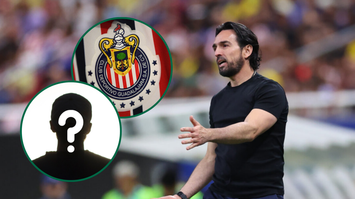 The main image shows Gerardo Espinoza, CD Guadalajara coach. The upper circle features the team crest, and the lower circle has a silhouette with a...