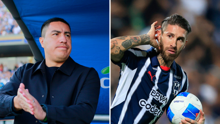 Efrain Juarez, Pumas' manager on one side, and Sergio Ramos, Monterrey's centre-back on the other.