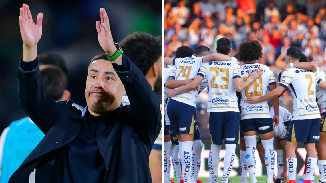 On the left, Efrain Juarez, head coach of Pumas UNAM. On the right, several Pumas UNAM players.