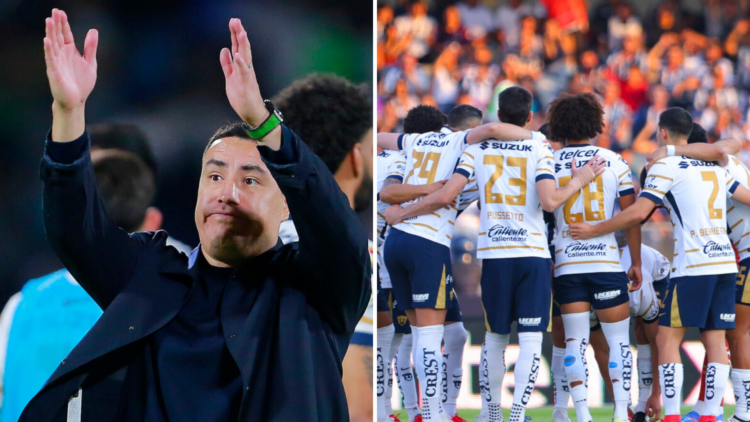On the left, Efrain Juarez, head coach of Pumas UNAM. On the right, several Pumas UNAM players.