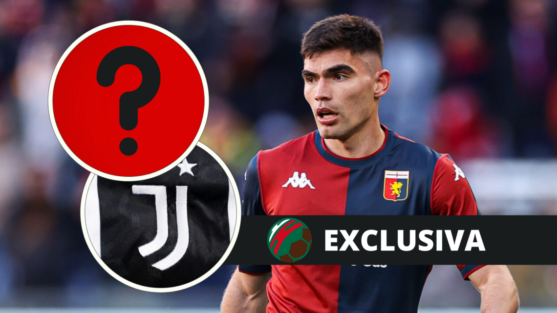 Johan Vásquez during a Genoa match in Serie A, with Juventus' crest and a question mark, hinting at uncertainty about his future.