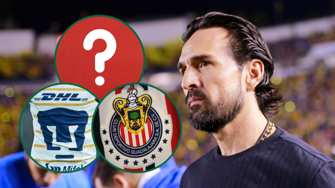 In the main image, Gerardo Espinoza, CD Guadalajara coach. In the left circle, the Pumas UNAM symbol. In the right circle, the CD Guadalajara shiel...