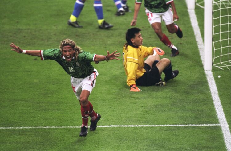 13 Jun 1998:  Luis Hernandez of Mexico celebrates after scoring in the World Cup group E game against South Korea at the Stade Gerland in Lyon, Fra...