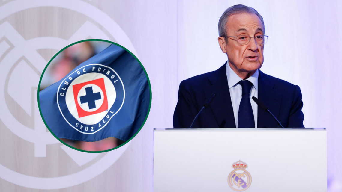 In the main image, Florentino Pérez, president of Real Madrid, and in the circle, the crest of Cruz Azul, a Liga MX team.