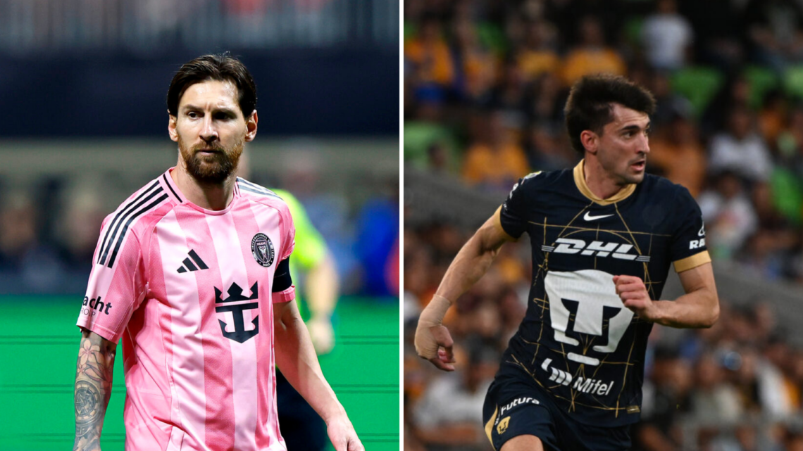 The left image shows Lionel Messi in an Inter Miami game, while the right image features Ignacio Pussetto in a Pumas UNAM match.