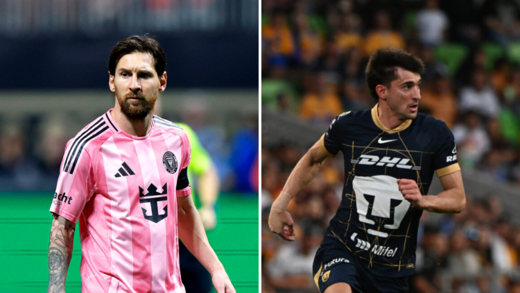 The left image shows Lionel Messi in an Inter Miami game, while the right image features Ignacio Pussetto in a Pumas UNAM match.