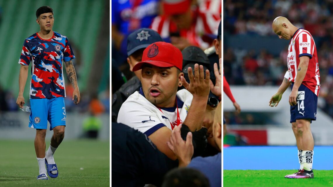 Police officers and fans of Chivas argue during the 13th round match between Chivas and Cruz Azul as part of the Torneo Clausura 2025 Liga MX at Ja...