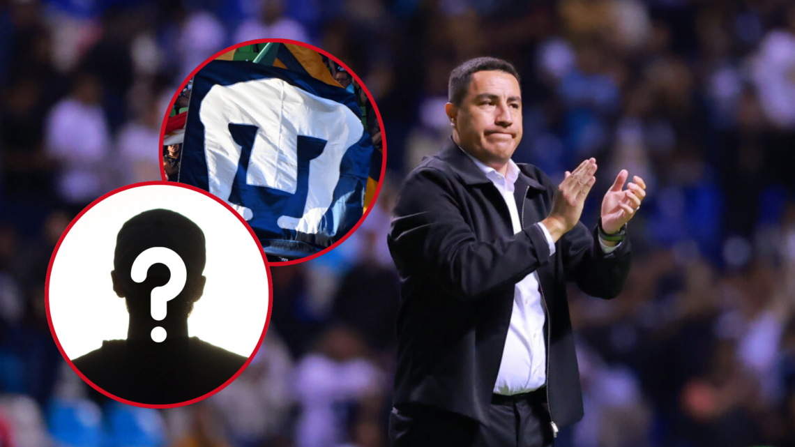 In the main image, Efrain Juarez, coach of Pumas UNAM. In the top circle, the Pumas UNAM crest, and in the bottom circle, a silhouette with a quest...