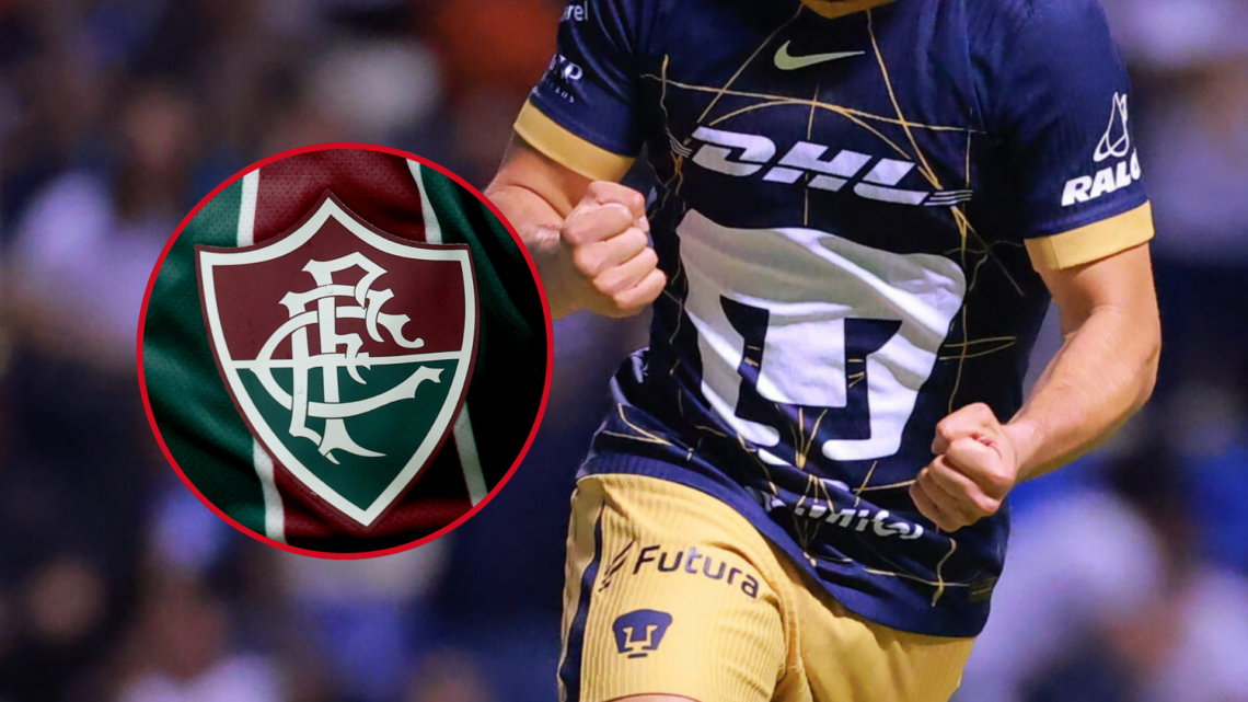 In the main image, a Pumas footballer, a Mexican team, celebrating a goal, and in the circle, the Fluminense crest, a Brazilian team.