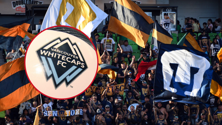 In the main image, Pumas UNAM fans in Austin, Texas. In the circle, the Vancouver Whitecaps crest.