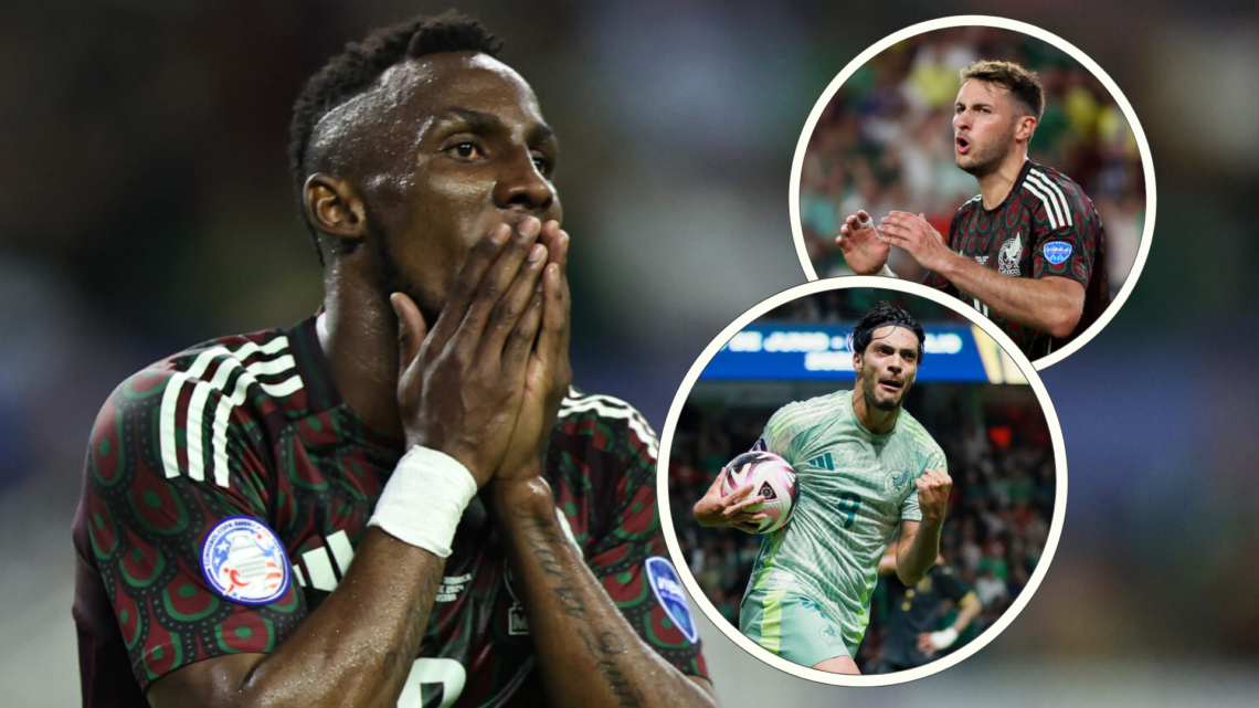 HOUSTON, TEXAS - JUNE 22: Julian Quiñones of Mexico reacts after a missed chance of goal during the CONMEBOL Copa America 2024 Group B match betwee...