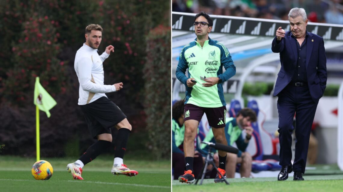 Santiago Gimenez of AC Milan in action during AC Milan training session at Milanello on March 13, 2025 in Cairate, Italy. Inset, Head Coach Javier ...