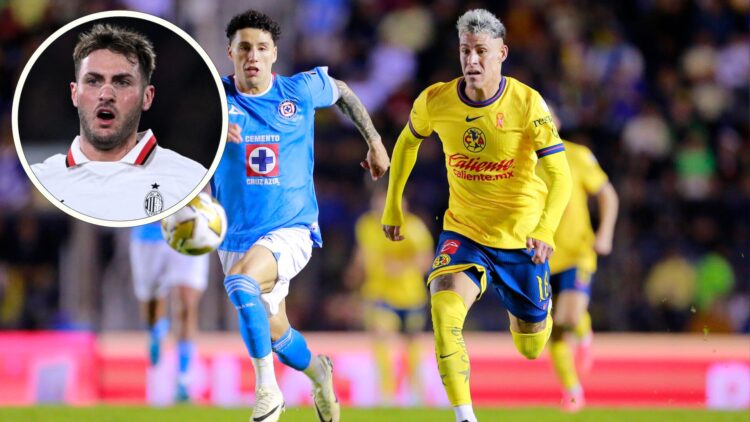 Jorge Sanchez (L) of Cruz Azul and Cristian Calderon (R) of America run for the ball during the semifinal first leg match between America and Cruz ...