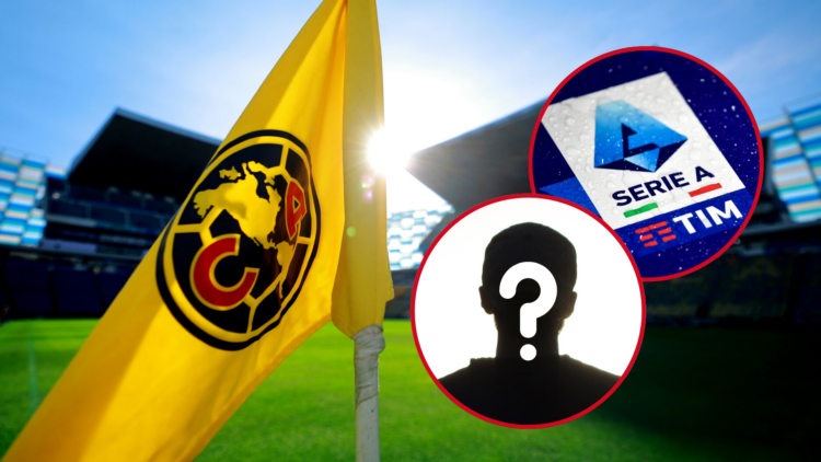 In the main image, a flag with the Club América crest. In the top circle, the Serie A logo (Italian football league), and in the bottom circle, a s...