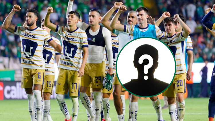 In the main image, the players of Pumas UNAM after defeating Club Leon. In the circle, a silhouette of a man with a question mark, alluding to a my...