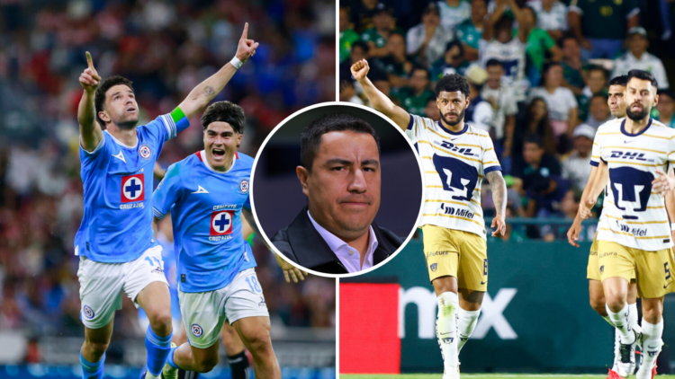 On the left, Cruz Azul soccer players. On the right, Pumas soccer players, and in the center circle, Efraín Juárez, Pumas' coach.
