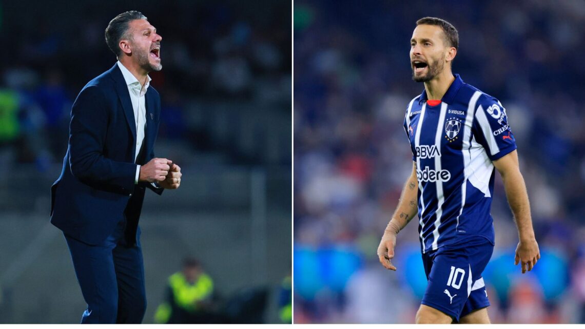 Martin Demichelis, head coach of Monterrey gives the team instructions during the 11th round match between Cruz Azul and Monterrey as part of the T...