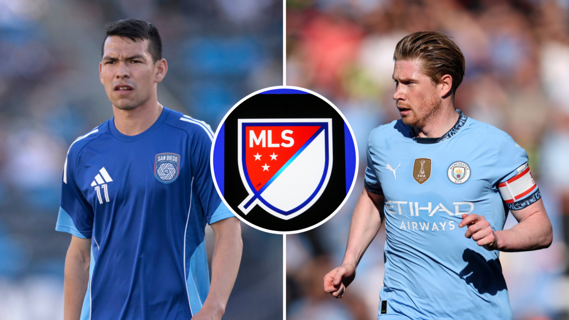 On the left, Hirving Lozano, San Diego FC soccer player. On the right, Kevin De Bruyne, Manchester City player. In the center, the MLS logo.