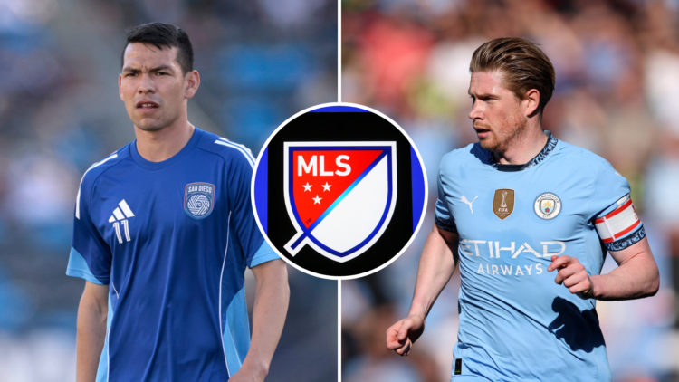 On the left, Hirving Lozano, San Diego FC soccer player. On the right, Kevin De Bruyne, Manchester City player. In the center, the MLS logo.