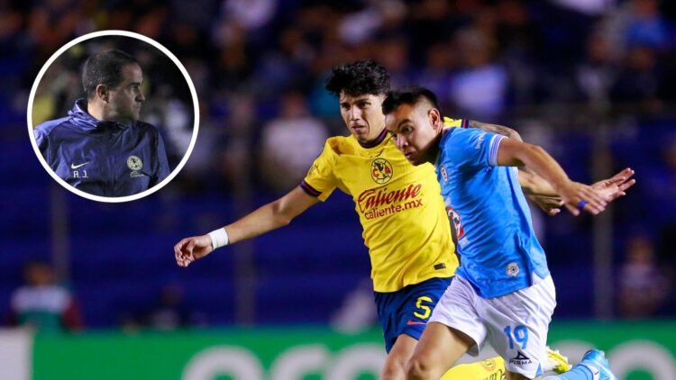 Kevin Alvarez (L) of America and Carlos Rodriguez (R) of Cruz Azul compete for the ball during the 2025 Concacaf Champions Cup match between Americ...