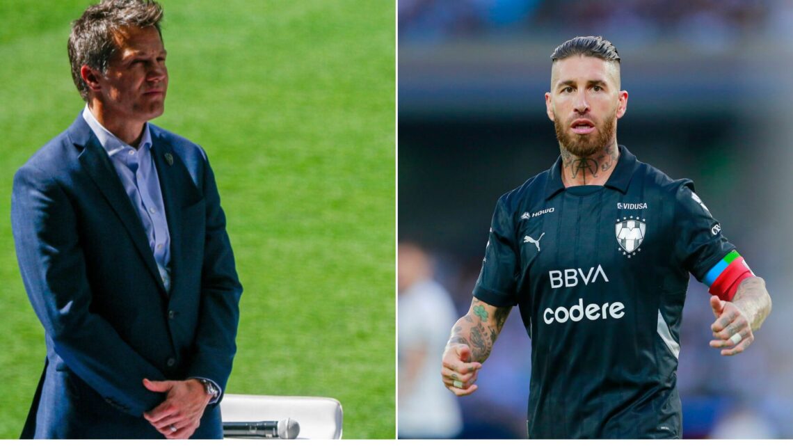 Monterrey Rayados' new signing Spanish football player Sergio Ramos (R) speaks next to Monterrey's president Jose Antonio Noriega during his presen...