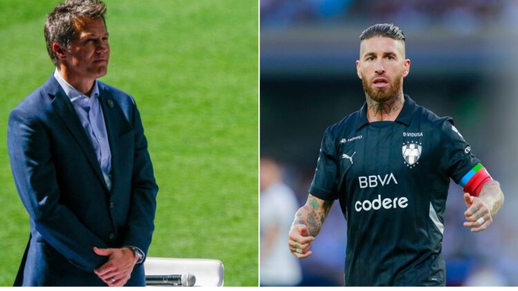 Monterrey Rayados' new signing Spanish football player Sergio Ramos (R) speaks next to Monterrey's president Jose Antonio Noriega during his presen...
