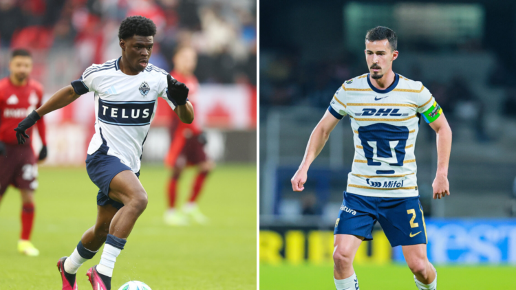 On the left, Emmanuel Sabbi, soccer player for the Vancouver Whitecaps. On the right, Pablo Bennevendo, player for Pumas UNAM.