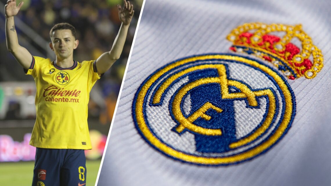 Alvaro Fidalgo en un partido con el Club América. Derecha: Escudo del Real Madrid