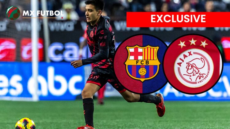 En la imagen principal, Gilberto Mora, futbolista de Tijuana. En los círculos, el escudo del FC Barcelona y del Ajax.