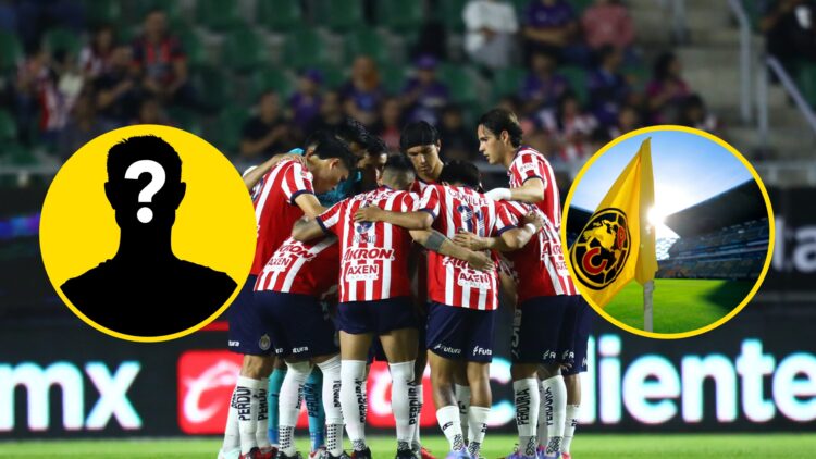 En la imagen principal, jugadores de Chivas. En el círculo izquierdo, una silueta de un hombre misterioso. En el círculo derecho, el escudo del Amé...