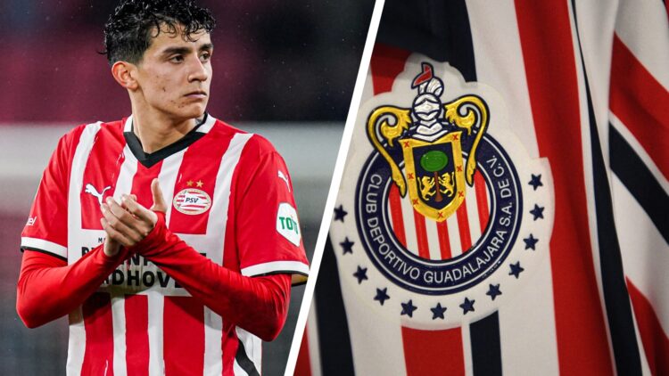 En la izquierda, Richard Ledezma, futbolista del PSV. En la derecha, el escudo de Chivas.