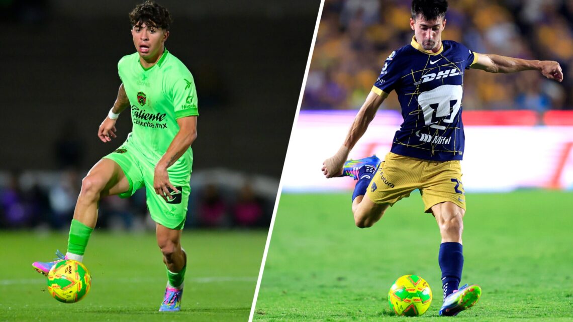 En la izquierda, un futbolista del FC Juárez. En la derecha, un futbolista de Pumas.