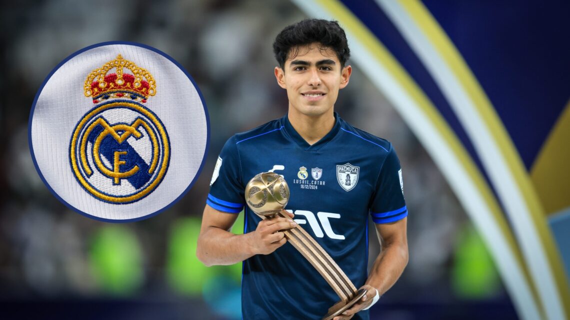 Elías Montiel, mediocampista de Pachuca, y el escudo del Real Madrid.