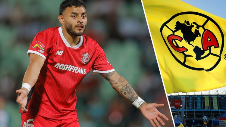 Izquierda: Alexis Vega en partido con Toluca. Derecha: Una bandera del Club América