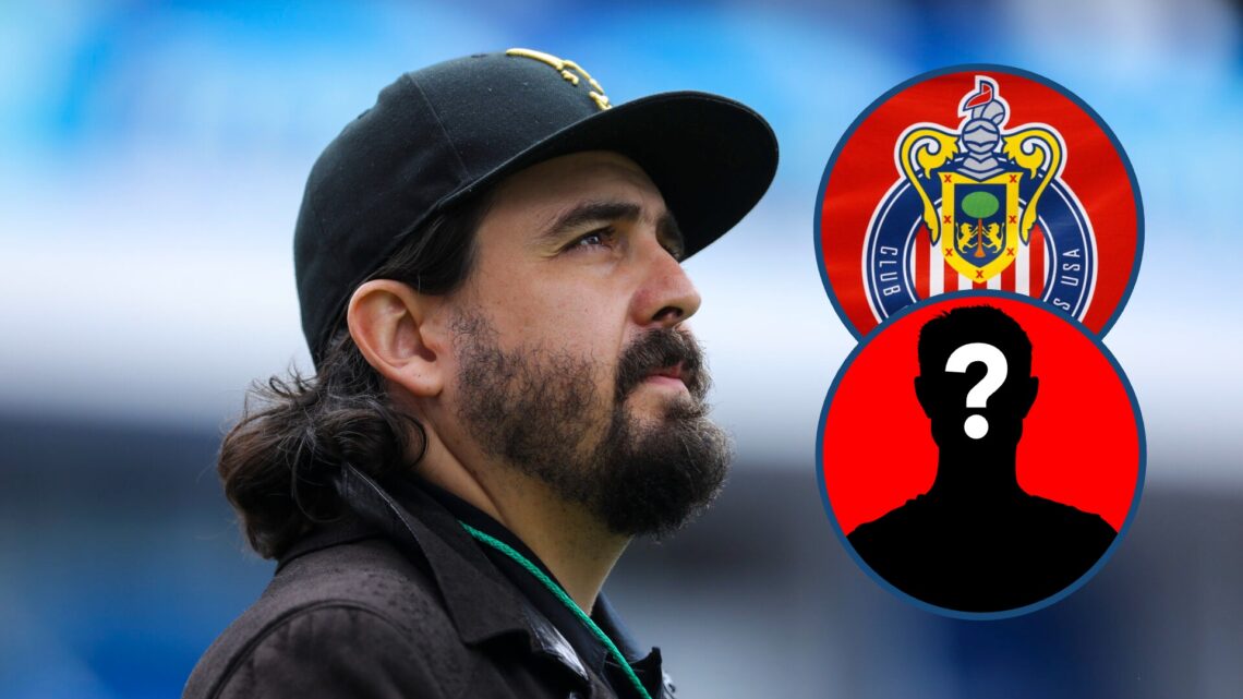 En la imagen principal, Amaury Vergara, propietario de Chivas. En los círculos, el escudo de Chivas, y una silueta de un jugador misterioso.