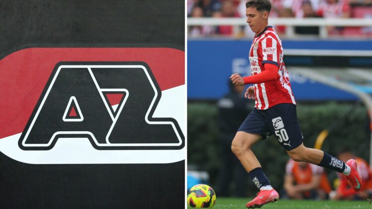 Logo del AZ Alkmaar y Mateo Chávez en un partido con el Guadalajara