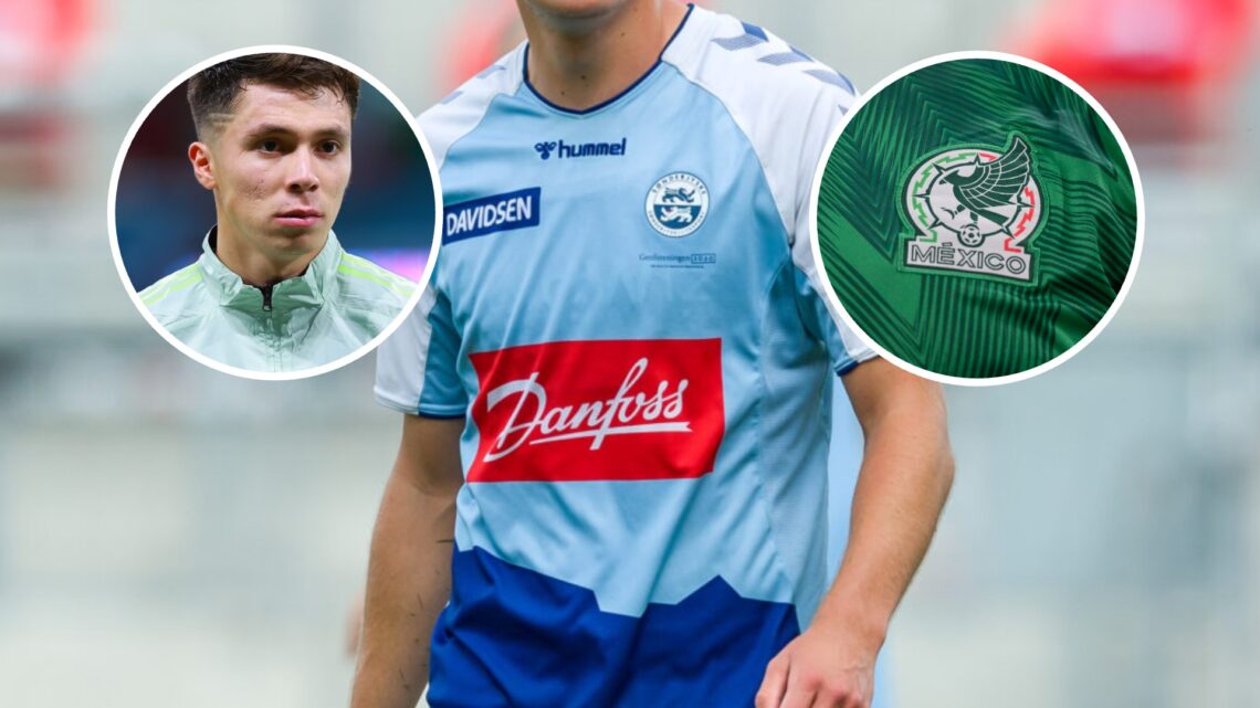 El uniforme del SønderjyskE de la liga danesa, el rostro de Rodrigo Huescas, y el escudo de la Selección Mexicana de fútbol.