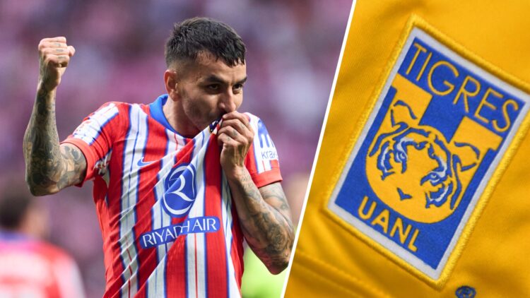 Ángel Correa, futbolista del Atlético de Madrid, y el escudo de Tigres UANL, equipo de la Liga MX.