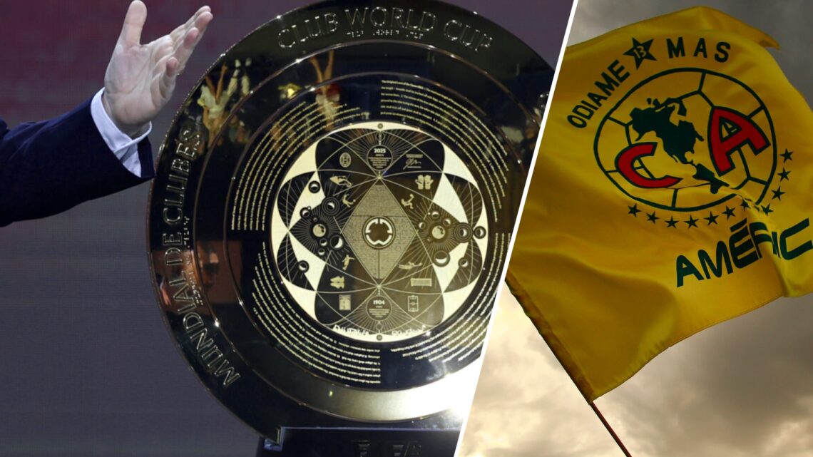 Imagen compuesta que muestra al trofeo del Mundial de Clubes del lado izquierdo y del lado derecho una bandera con el escudo del Club América