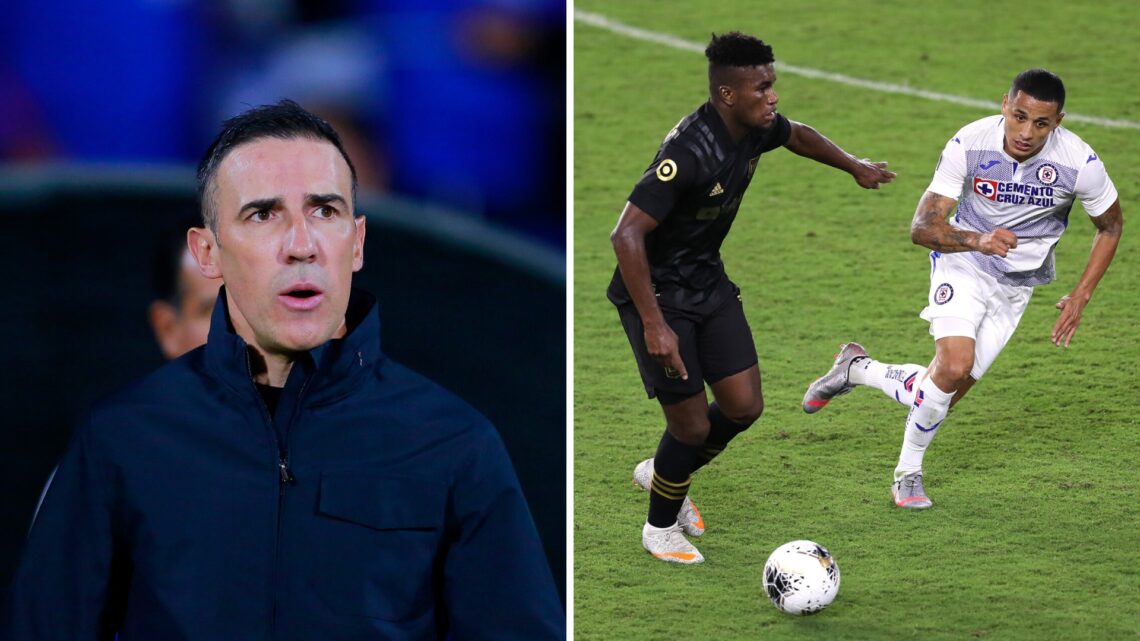 Vicente Sánchez en un partido con el Cruz Azul / Kwadwo Opoku y Yoshimar Yotún pelean el balón en LAFC 2-1 Cruz Azul de 2020
