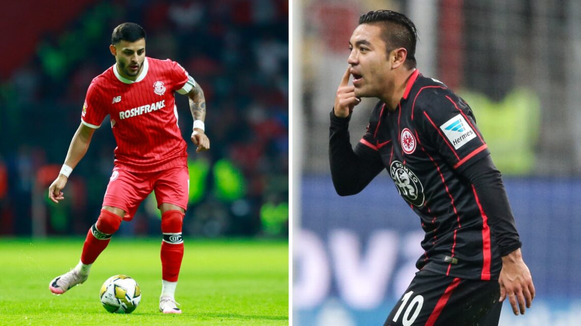 Alexis Vega prepara un toque de balón en un juego con el Toluca / Marco Fabián reclama en un partido con el Eintracht Frankfurt en el 2016