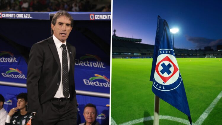 Guillermo Almada en el último Cruz Azul vs Pachuca que se jugó en Ciudad Universitaria / Logo de Cruz Azul en un banderín