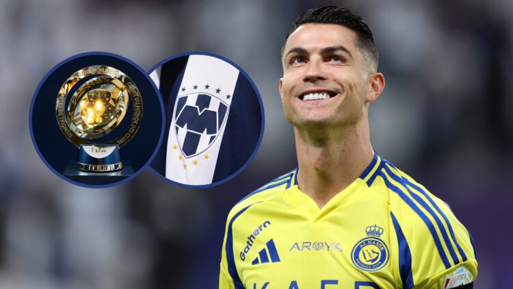 Cristiano Ronaldo, el escudo de Rayados de Monterrey, y el trofeo del Mundial de Clubes 2025.
