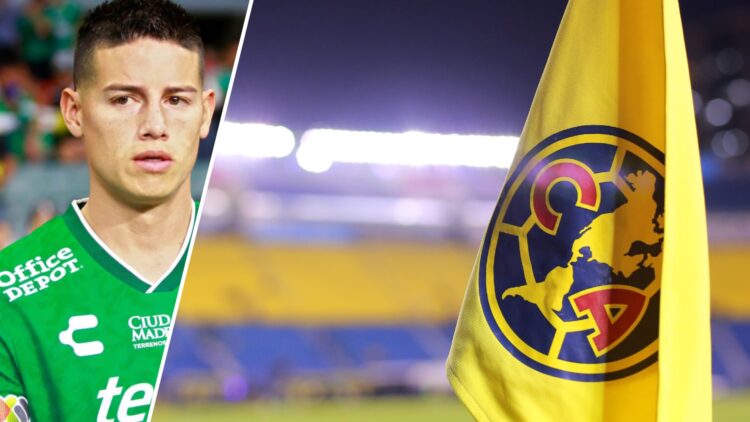 Imagen creada con James Rodríguez en un partido con Club León y un banderín con el escudo del Club América