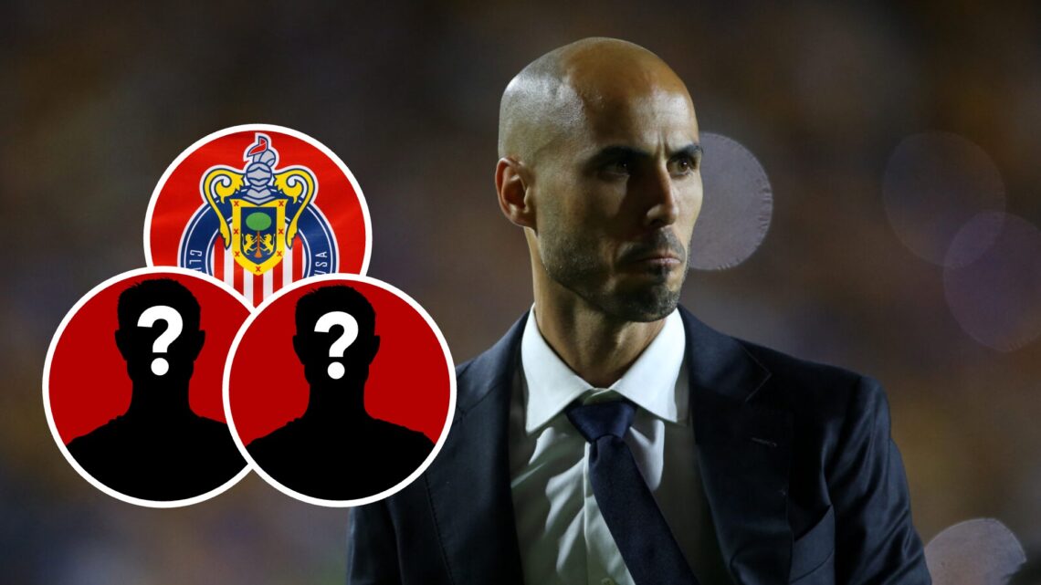 En la imagen principal, Guido Pizarro, entrenador de Tigres, club de la Liga MX. En el círculo superior, el escudo de Chivas, y en los círculos inf...